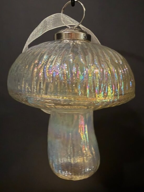 Other - Glass Ribbed Iridescent 4" Mushroom Ornament